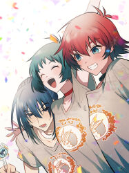 Rule 34 | 1girl, 2boys, absurdres, akimachi, blue eyes, blue hair, blush, cheering, choker, closed eyes, confetti, dark blue hair, farah oersted, green hair, grin, happy, highres, keele zeibel, long hair, looking at another, multiple boys, open mouth, print shirt, red choker, red hair, reid hershel, shirt, short hair, smile, t-shirt, tales of (series), tales of eternia