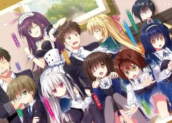 Rule 34 | 3boys, 6+girls, ;d, absolute duo, animal ears, apron, asaba yuu, black hair, black jacket, black legwear, black ribbon, blank eyes, blonde hair, blue hair, blue necktie, blue skirt, bow, breasts, breasts apart, brown hair, capelet, character name, cleavage, closed eyes, covered erect nipples, covering privates, covering crotch, cross tie, crossed arms, dutch angle, frilled skirt, frills, glasses, green eyes, grin, hair between eyes, hair bow, hair ribbon, hairband, hand on another&#039;s shoulder, highres, hotaka miyabi, indoors, jacket, kokonoe otoha, kokonoe tooru, large breasts, lilith bristol, long hair, looking at viewer, maid, maid headdress, medium breasts, middle finger, miniskirt, multiple boys, multiple girls, neck ribbon, necktie, novel illustration, official art, one eye closed, one side up, open mouth, orange eyes, purple hair, rabbit ears, red eyes, red ribbon, ribbon, sarah gilford, shiny clothes, shirt, short sleeves, silver hair, skirt, smile, sweatdrop, tachibana tomoe, tatsuno ryuutarou, torasaki aoi, tsukimi rito, twintails, waiting for kiss, white apron, white shirt, wrist cuffs, yellow bow, yellow eyes, yellow hairband, yurie sigtuna
