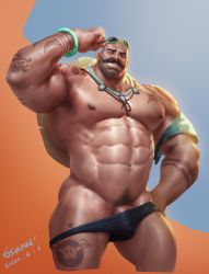 Rule 34 | 1boy, 6suan, abs, arm tattoo, bald, bara, bare pectorals, beard, biceps, black male swimwear, braum (league of legends), bulge, cropped legs, dark-skinned male, dark skin, facial hair, flexing, groin, highres, jewelry, large pectorals, league of legends, looking at viewer, male focus, male pubic hair, male swimwear, mature male, muscular, muscular male, mustache, navel, navel hair, necklace, nipples, official alternate costume, pectorals, penis, penis peek, pubic hair, smile, solo, stomach, sunglasses, swim briefs, tattoo, thick thighs, thighs
