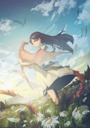 Rule 34 | 1girl, animal, brown eyes, brown hair, cloud, commentary, dragon, dress, from side, grass, highres, holding, holding animal, long hair, meadow, neg (101neg), original, outdoors, sky, solo, spread wings, standing, white dress