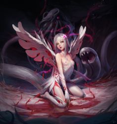 Rule 34 | 1girl, bare shoulders, blurry, blurry background, breasts, commentary request, covered navel, cthulhu mythos, dress, eldritch abomination, flower, gloves, green eyes, hair flower, hair ornament, highres, kneehighs, kneeling, lips, long hair, looking at viewer, nipples, original, parted lips, revealing clothes, sarena, silver hair, single kneehigh, single sock, small breasts, socks, strapless, strapless dress, tentacles, white dress, white gloves, white socks, wings