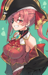 Rule 34 | 1girl, absurdres, bare shoulders, bicorne, black coat, bodystocking, breasts, coat, crop top, cropped jacket, embroidery, epaulettes, eyepatch, gold trim, grin, hair ribbon, hat, heart, highres, hololive, houshou marine, jacket, joker (tomakin524), large breasts, leotard, leotard under clothes, long hair, midriff, off shoulder, pink hair, pirate, pirate hat, red eyes, red hair, red jacket, red ribbon, ribbon, see-through, see-through leotard, sleeveless, sleeveless jacket, smile, solo, twintails, virtual youtuber