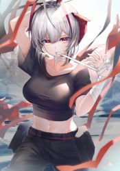 Rule 34 | 1girl, absurdres, ahoge, antennae, arknights, arm up, bandaged arm, bandaged neck, bandages, black pants, black shirt, breasts, collarbone, commentary, cowboy shot, crop top, hair between eyes, hand up, highres, horns, large breasts, lims (neko2lims), looking at viewer, midriff, mouth hold, navel, official alternate costume, pants, pouch, red eyes, shirt, short hair, short sleeves, silver hair, solo, standing, w (arknights), w (fugue) (arknights)