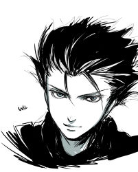 Rule 34 | 1boy, black hair, blue eyes, character name, close-up, male focus, monochrome, mouri, vocaloid, wil (vocaloid), zola project