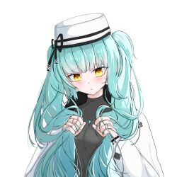 Rule 34 | 1girl, absurdres, art moji, black sweater, blue hair, blush, closed mouth, frown, goddess of victory: nikke, hat, highres, holding, holding own hair, jacket, jewelry, light blue hair, long hair, long sleeves, looking down, necklace, official alternate costume, privaty (government grunt) (nikke), privaty (nikke), simple background, solo, sweater, twintails, very long hair, white background, white jacket