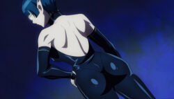 Rule 34 | 1girl, absurdres, ass, back, black bodysuit, blue hair, bodysuit, demon girl, detached sleeves, from behind, glasses, hand on own hip, highres, huge ass, latex, long sleeves, lv1 maou to one room yuusha, pointy ears, screencap, short hair, shoulder blades, sidelocks, stitched, thighs, third-party edit, zenia (lv1 maou to one room yuusha)