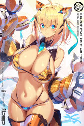 Rule 34 | 1girl, ahoge, animal ears, bikini, blonde hair, blue eyes, blush, breasts, closed mouth, commentary request, hair between eyes, highres, large breasts, looking at viewer, navel, original, short hair, smile, solo, sophia f shirring, stomach, swimsuit, tail, takamine nadare, thighhighs, thighs, tiger ears, yellow bikini