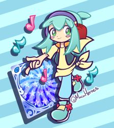 Rule 34 | 1girl, aqua hair, blue legwear, blush, clover (macaheroes), full body, green eyes, jacket, looking at viewer, macaheroes, musical note, pants, ponytail, puyopuyo, shirt, shoes, short ponytail, short sleeves, simple background, smile, striped, striped background, twitter username, yellow shirt
