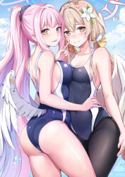 Rule 34 | 2girls, ass, black pantyhose, blue archive, blush, breasts, cleavage, collarbone, commentary request, covered navel, feathered wings, feet out of frame, groin, halo, hand on own thigh, highres, konka, light brown hair, looking at viewer, medium breasts, mika (blue archive), multiple girls, nagisa (blue archive), nose blush, pantyhose, pantyhose under swimsuit, pink hair, ponytail, school swimsuit, sideboob, smile, swimsuit, trinity general school swimsuit, twintails, v, white wings, wings, yuri