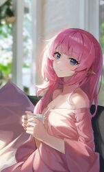 Rule 34 | 1girl, absurdres, bare shoulders, blue eyes, blurry, blurry background, breasts, cleavage, closed mouth, commentary request, couch, cup, depth of field, elysia (honkai impact), highres, holding, holding cup, honkai (series), honkai impact 3rd, indoors, long hair, medium breasts, mo ying yu, off-shoulder shirt, off shoulder, on couch, pillow, pink hair, pink shirt, pointy ears, shirt, sitting, smile, solo, spoon, very long hair