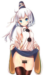 Rule 34 | 1girl, black legwear, breasts, censored, clothes lift, hat, long hair, long sleeves, looking at viewer, mononobe no futo, no panties, oimo (imoyoukan), panties, ponytail, pussy, shirt, sideboob, silver hair, simple background, skirt, skirt lift, small breasts, smile, solo, touhou, underwear, white background, wide sleeves