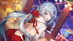 1girl backless_outfit blue_hair breasts christmas epsilon_(kage_no_jitsuryokusha_ni_naritakute!) kage_no_jitsuryokusha_ni_naritakute! large_breasts long_hair looking_at_viewer official_art one_eye_closed open_mouth purple_eyes smile solo twintails