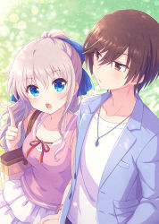 Rule 34 | 1boy, 1girl, blue bow, blue eyes, bow, bracelet, breasts, brown eyes, brown hair, charlotte (anime), cleavage, collarbone, couple, grey hair, grey jacket, hair bow, hetero, holding hands, index finger raised, jacket, jewelry, kousetsu, layered skirt, long hair, long sleeves, looking at another, medium breasts, miniskirt, necklace, open clothes, open jacket, open mouth, otosaka yuu, pleated skirt, ponytail, red ribbon, ribbon, shirt, short hair, skirt, sweatdrop, tomori nao, white shirt, white skirt, yellow shirt