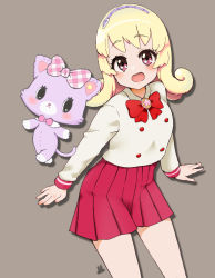 Rule 34 | 1girl, :3, :d, blonde hair, blush, bow, bowtie, buttons, cowboy shot, creature, curly hair, double-breasted, drop shadow, grey background, hairband, highres, hinata yume, long sleeves, looking at viewer, medium hair, mew (mewkledreamy), mewkledreamy, nijitama shiyushiyu, open mouth, pink eyes, pleated skirt, red bow, red bowtie, red skirt, shirt, simple background, skirt, smile, solo, star (symbol), star in eye, symbol in eye, white shirt