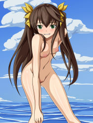 Rule 34 | 10s, 1girl, blush, body blush, breasts, brown hair, cleft of venus, cloud, female focus, green eyes, grin, groin, hair between eyes, hair ribbon, hand on own knee, highres, hip focus, huang lingyin, infinite stratos, knees, legs, long hair, looking at viewer, mei ichi, navel, nipples, nude, ocean, outdoors, puffy nipples, pussy, ribbon, shiny skin, sky, small breasts, smile, solo, standing, thighs, twintails, uncensored, water, yellow ribbon