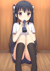 Rule 34 | 1girl, bad id, bad pixiv id, black hair, black socks, blue shorts, blush, bottle, bow, closed mouth, commentary request, gym shirt, gym shorts, gym uniform, hair bow, highres, holding, holding bottle, indoors, kneehighs, knees together feet apart, long hair, looking at viewer, no shoes, on floor, original, red eyes, shirt, short sleeves, shorts, sidelocks, sitting, socks, solo, tareme, twintails, usagino suzu, water bottle, white bow, white shirt, wooden floor, wooden wall