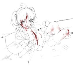Rule 34 | 1girl, ahoge, bleeding, blood, blood on body, blood on face, blood on leg, cuts, flat chest, full body, highres, injury, looking at viewer, lying, medium hair, monochrome, open clothes, open shirt, original, ringlets, ryuuforkaf, shorts, sketch, solo, spot color, two side up