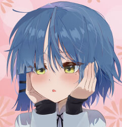 Rule 34 | 1girl, blue hair, blush, bocchi the rock!, collared shirt, commentary, embarrassed, english commentary, hair ornament, hairpin, hands on own cheeks, hands on own face, highres, long sleeves, medium hair, mole, mole under eye, multiple hairpins, open mouth, shirt, solo, upper body, uurateru, white shirt, yamada ryo, yellow eyes