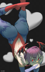 Rule 34 | 1girl, absurdres, ass, bare shoulders, boots, bridal gauntlets, capcom, covering own mouth, demon girl, glowing, glowing eyes, head wings, heart, heart background, highres, leotard, lilith aensland, looking at viewer, pantyhose, purple hair, red eyes, short hair, solo, vampire (game), wings, zosei