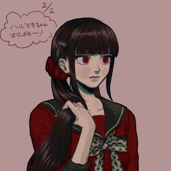 Rule 34 | 1girl, black sailor collar, blunt bangs, breast pocket, brown background, closed mouth, danganronpa (series), danganronpa v3: killing harmony, hair ornament, hairclip, harukawa maki, highres, kibo onken-ha, low twintails, pocket, red eyes, red scrunchie, red shirt, sailor collar, scrunchie, shirt, simple background, solo, speech bubble, star (symbol), star print, translation request, twintails