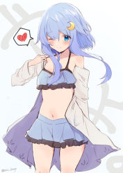 Rule 34 | 1girl, bikini, blue bikini, blue eyes, blue hair, blush, closed mouth, collarbone, crescent, crescent hair ornament, feet out of frame, frilled bikini, frills, hair between eyes, hair ornament, heart, kantai collection, long hair, navel, one eye closed, short hair with long locks, sidelocks, smile, solo, sou (soutennkouchi), spoken heart, swimsuit, twitter username, yayoi (kancolle)