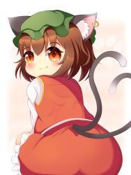 Rule 34 | 1girl, :3, animal ear fluff, animal ear piercing, animal ears, ass, bloom, blush, brown eyes, brown hair, cat ears, cat tail, chen, commentary request, earrings, fang, fang out, frills, from behind, gold trim, green hat, hat, highres, jewelry, koruk700, looking at viewer, looking back, mob cap, multiple tails, nekomata, petite, petticoat, red skirt, red vest, short hair, simple background, single earring, sitting, skirt, skirt set, solo, tail, touhou, two tails, vest, white background