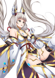 Rule 34 | 1girl, absurdres, animal ears, bare shoulders, breasts, c (pixiv3064042), cat ears, chinese commentary, cleavage, commentary request, facial mark, gloves, grey hair, highres, leotard, long hair, looking away, low twintails, nia (blade) (xenoblade), nia (xenoblade), nintendo, niyah, open mouth, simple background, small breasts, solo, spoilers, thighhighs, twintails, very long hair, white background, white gloves, white thighhighs, xenoblade chronicles (series), xenoblade chronicles 2, yellow eyes