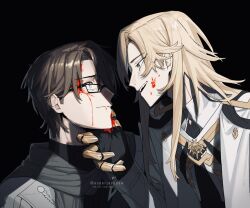 Rule 34 | 2boys, artist name, black-framed eyewear, black background, black gloves, blonde hair, blood, blood on face, brown hair, closed mouth, collared shirt, eye contact, film grain, from side, glasses, gloves, green eyes, grey jacket, grey scarf, hand on another&#039;s chin, highres, honkai: star rail, honkai (series), jacket, long hair, long sleeves, looking at another, male focus, multiple boys, open mouth, robe, scarf, shirt, short hair, simple background, smile, twitter username, upper body, vidurna (esperjackdaw), void archives (honkai impact), welt yang, white robe, white shirt, yaoi, yellow eyes