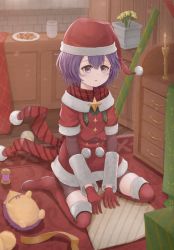 Rule 34 | 1girl, absurdres, atorie, bernadetta von varley, bike shorts, boots, candle, candlestand, christmas, cookie, cup, dress, fire emblem, fire emblem: three houses, fire emblem heroes, flower, flower pot, food, gloves, grey eyes, hat, highres, nintendo, plate, pom pom (clothes), purple hair, red gloves, red thighhighs, rug, santa costume, santa dress, santa hat, short hair, sitting, solo, spool, stuffed animal, stuffed hedgehog, stuffed toy, thigh boots, thighhighs, wariza, wrapping paper