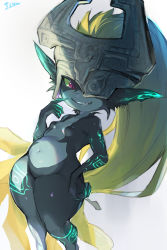 Rule 34 | 1girl, absurdres, blonde hair, breasts, clenched teeth, colored sclera, colored skin, commentary, hand on own hip, helmet, highres, long hair, midna, multicolored skin, navel, nintendo, nude, pointy ears, prehensile hair, red eyes, shortstack, small breasts, smile, solo, suurin (ksyaro), teeth, the legend of zelda, the legend of zelda: twilight princess, thick thighs, thighs, two-tone skin, very long hair, yellow sclera