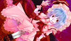 Rule 34 | 1girl, adapted costume, ascot, blood, blood on clothes, bow, dutch angle, female focus, grin, hat, paco (eien mikan), purple hair, red eyes, remilia scarlet, short hair, smile, solo, touhou