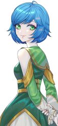 Rule 34 | 1girl, ahoge, arms behind back, bare shoulders, blue hair, clothing cutout, dress, from side, green dress, green eyes, highres, holding own arm, kumu zaisheng, long sleeves, looking at viewer, looking to the side, short hair, shoulder cutout, smile, solo, white background, xiao yue (xing xueyuan), xing xueyuan
