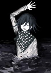 Rule 34 | 1boy, :d, arm up, black background, black hair, buttons, checkered clothes, checkered scarf, closed eyes, danganronpa (series), danganronpa v3: killing harmony, double-breasted, facing viewer, grey jacket, hair between eyes, highres, jacket, long sleeves, male focus, medium hair, open mouth, oma kokichi, scarf, short hair, smile, solo, teeth, upper teeth only, wa noko, wading, water