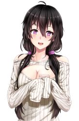 Rule 34 | 1girl, :d, ahoge, bad id, bad pixiv id, bare shoulders, beifeng han, black hair, blush, breasts, cleavage, collarbone, female focus, hair between eyes, hair over shoulder, hair tie, large breasts, long sleeves, looking at viewer, low twintails, meme attire, miyaura sanshio, off shoulder, open-chest sweater, open mouth, original, purple eyes, revision, ribbed sweater, simple background, sleeves past wrists, smile, solo, sweater, teeth, twintails, upper body, white background