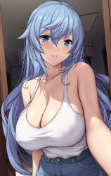 Rule 34 | 1girl, bare arms, bare shoulders, blue eyes, blue hair, blush, breasts, collarbone, commentary, denim, grin, hair between eyes, highres, indoors, jeans, large breasts, looking at viewer, original, pants, parted lips, sheita, smile, solo, tank top, upper body, white tank top