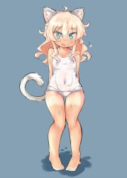 Rule 34 | 1girl, ahoge, animal ears, aqua eyes, arms behind back, blonde hair, blue background, cat ears, cat tail, eyebrows, fang, knees, long hair, looking at viewer, navel, one-piece swimsuit, open mouth, original, school swimsuit, see-through, simple background, solo, swimsuit, tail, tan, tanline, thick eyebrows, tomcat (moconeko), wet, white school swimsuit, white one-piece swimsuit, wide hips