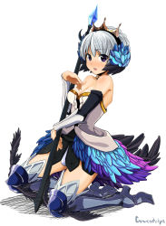Rule 34 | 1girl, armor, armored dress, bare shoulders, blush, boots, breasts, character name, choker, cleavage, crown, dress, flower, gwendolyn (odin sphere), hair flower, hair ornament, highres, medium breasts, multicolored wings, odin sphere, polearm, purple eyes, satou samu, short hair, silver hair, skirt, solo, spear, strapless, strapless dress, thigh boots, thighhighs, weapon, wings
