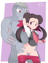 Rule 34 | 1boy, 1girl, arm up, blue skin, blush, breasts, brown hair, clothed sex, clothes pull, colored skin, creatures (company), fangs, game freak, gen 1 pokemon, gym leader, hetero, highres, hot vr, low twintails, machoke, muscular, nintendo, no panties, pantyhose, pantyhose pull, pink eyes, pink pantyhose, poke ball, pokemon, pokemon (creature), pokemon oras, pussy juice, red eyes, roxanne (pokemon), sex, smile, torso grab, twintails, uncensored