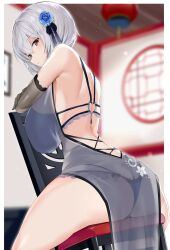 Rule 34 | 1girl, alicia renato (yashiro sousaku), artist request, ass, bare shoulders, blurry, blurry background, breasts, butt crack, commentary request, commission, dress, elbow gloves, from behind, gloves, green eyes, grey gloves, grey hair, hair ornament, heterochromia, highres, large breasts, looking at viewer, looking back, original, parted lips, red eyes, see-through, see-through dress, short hair, sitting, sitting backwards, solo, thighs
