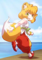 Rule 34 | 1girl, animal ears, blue sky, blush, bracelet, cloud, cloudy sky, fox ears, fox girl, fox tail, green eyes, highres, horizon, jewelry, looking at viewer, open mouth, orange hair, outdoors, pants, red footwear, red pants, ruoshui (the legend of luoxiaohei), shadow, shirt, shoes, short hair, sky, sleeveless, sleeveless shirt, solo, tail, luo xiaohei zhanji, water, ximu shilang