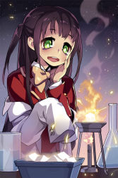 Rule 34 | arm up, bags under eyes, black hair, blazer, bow, bowtie, btoor, bunsen burner, dress shirt, fire, green eyes, hands in opposite sleeves, jacket, lab coat, open mouth, ribbon, school uniform, shirt, sleeves past wrists, smile, smoke, solo, sword girls, twintails, vial, yellow bow, yellow bowtie