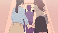 Rule 34 | 2boys, 3girls, blue shirt, brown hair, brown shirt, brown skirt, commentary request, elevator, from behind, hashtag-only commentary, highres, holding, holding hands, indoors, kojiro337, long hair, multiple boys, multiple girls, original, pants, ponytail, shirt, short hair, short sleeves, skirt, yuri