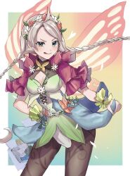 Rule 34 | 1girl, ahoge, black pantyhose, blue eyes, braid, breasts, butterfly wings, capelet, falling petals, fire emblem, fire emblem fates, fire emblem heroes, flower, flower bracelet, fujoshi, green bracelet, hair flower, hair ornament, hairband, heart, highres, holding, holding clothes, holding skirt, insect wings, leo (fire emblem), leon0630claude, licking lips, long hair, low twin braids, medium breasts, nina (fire emblem), nina (resplendent) (fire emblem), nintendo, official alternate costume, pantyhose, parted bangs, petals, pink capelet, red flower, skirt, smirk, takumi (fire emblem), tongue, tongue out, turtleneck, twin braids, white flower, wings