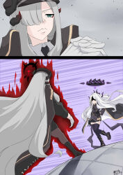Rule 34 | 2girls, 2koma, absurdres, ahoge, aura, belt, black coat, black footwear, black gloves, black pantyhose, black skirt, black thighhighs, blue archive, boots, coat, coat on shoulders, comic, commentary request, demon girl, demon horns, demon wings, faceless, faceless female, forehead, full body, gloves, green eyes, grey hair, hair ornament, hair over one eye, hairclip, halo, hand on own hip, hat, highres, hina (blue archive), horns, interlocked fingers, jojo no kimyou na bouken, knee boots, long hair, long sleeves, looking at another, looking at viewer, makoto (blue archive), meme, military, military uniform, multiple girls, necktie, oh? you&#039;re approaching me? (meme), open clothes, open coat, own hands clasped, own hands together, pantyhose, parody, parted bangs, peaked cap, pencil skirt, ponytail, rhveil, rivalry, sam browne belt, shoulder belt, side slit, sidelocks, silent comic, simple background, skirt, stardust crusaders, thighhighs, uniform, very long hair, walking, white gloves, white hair, wind, wings, zettai ryouiki