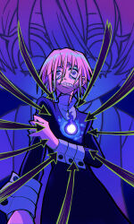 Rule 34 | 1other, absurdres, arrow (projectile), arrow (symbol), attack, black dress, child abuse, crona (soul eater), dress, highres, hitodama, long sleeves, purple eyes, purple hair, scared, sleeve cuffs, soul eater, symbol-shaped pupils, user yddr3472