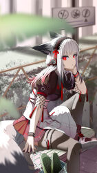 Rule 34 | 1girl, absurdres, animal ears, arknights, bag, bench, black hairband, black nails, black shirt, black thighhighs, fence, fox ears, fox girl, fox tail, frostleaf (arknights), hairband, hand up, head rest, headphones, high-waist skirt, highres, implied extra ears, looking at viewer, maid, outdoors, red eyes, shirt, shiyun (3635060hu), sign, sitting, skirt, solo, tail, thighhighs