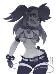 Rule 34 | 1girl, absurdres, artist name, atlasz, belt, bikini, bikini top only, black shorts, black thighhighs, borrowed character, breasts, breasts apart, collar, ear piercing, earrings, fingerless gloves, gloves, greyscale, hair ornament, highres, jewelry, long hair, looking at viewer, medium breasts, monochrome, navel, necklace, open mouth, original, piercing, shorts, side ponytail, sidelocks, skindentation, smile, solo, stray (scott malin), swimsuit, thighhighs, white belt