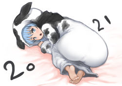 Rule 34 | 1girl, 2021, all fours, animal costume, animal hood, animal print, ass, barefoot, blue eyes, blue hair, chinese zodiac, commentary request, cow costume, cow hood, cow print, fake horns, full body, happy new year, highres, hood, horns, johan (johan13), new year, onesie, original, soles, solo, toes, year of the ox