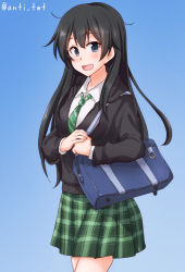 Rule 34 | 1girl, agano (kancolle), alternate costume, anti (untea9), bag, black hair, black jacket, blue background, blue eyes, commentary request, gradient background, green necktie, green skirt, highres, jacket, kantai collection, long hair, looking at viewer, messy hair, necktie, open mouth, plaid, plaid skirt, pleated skirt, school bag, school uniform, shirt, skirt, smile, solo, striped necktie, striped neckwear, twitter username, white shirt