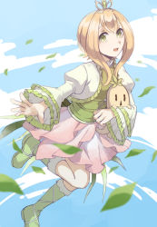Rule 34 | 1girl, :d, blonde hair, blue background, blue sky, boots, bow, cardigan, curly hair, falling leaves, flower skirt, frilled cardigan, gem, green eyes, green footwear, green gemstone, green shirt, highres, holding, holding stuffed toy, juliet sleeves, leaf, leg up, long sleeves, looking at viewer, magia record: mahou shoujo madoka magica gaiden, magical girl, mahou shoujo madoka magica, medium hair, miniskirt, moomoofoo, open cardigan, open clothes, open mouth, pink skirt, puffy sleeves, reaching, reaching towards viewer, satori kagome, shirt, sidelocks, skirt, sky, smile, solo, stuffed toy, white bow
